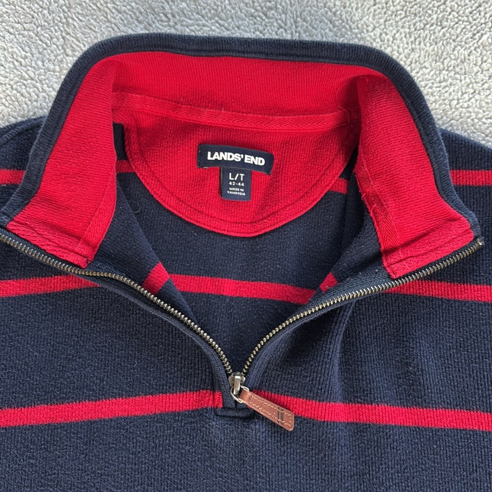 Lands End Striped 100% Cotton 1/4 Zip Sweater L/T 42-44 Navy Red - Picture 2 of 8